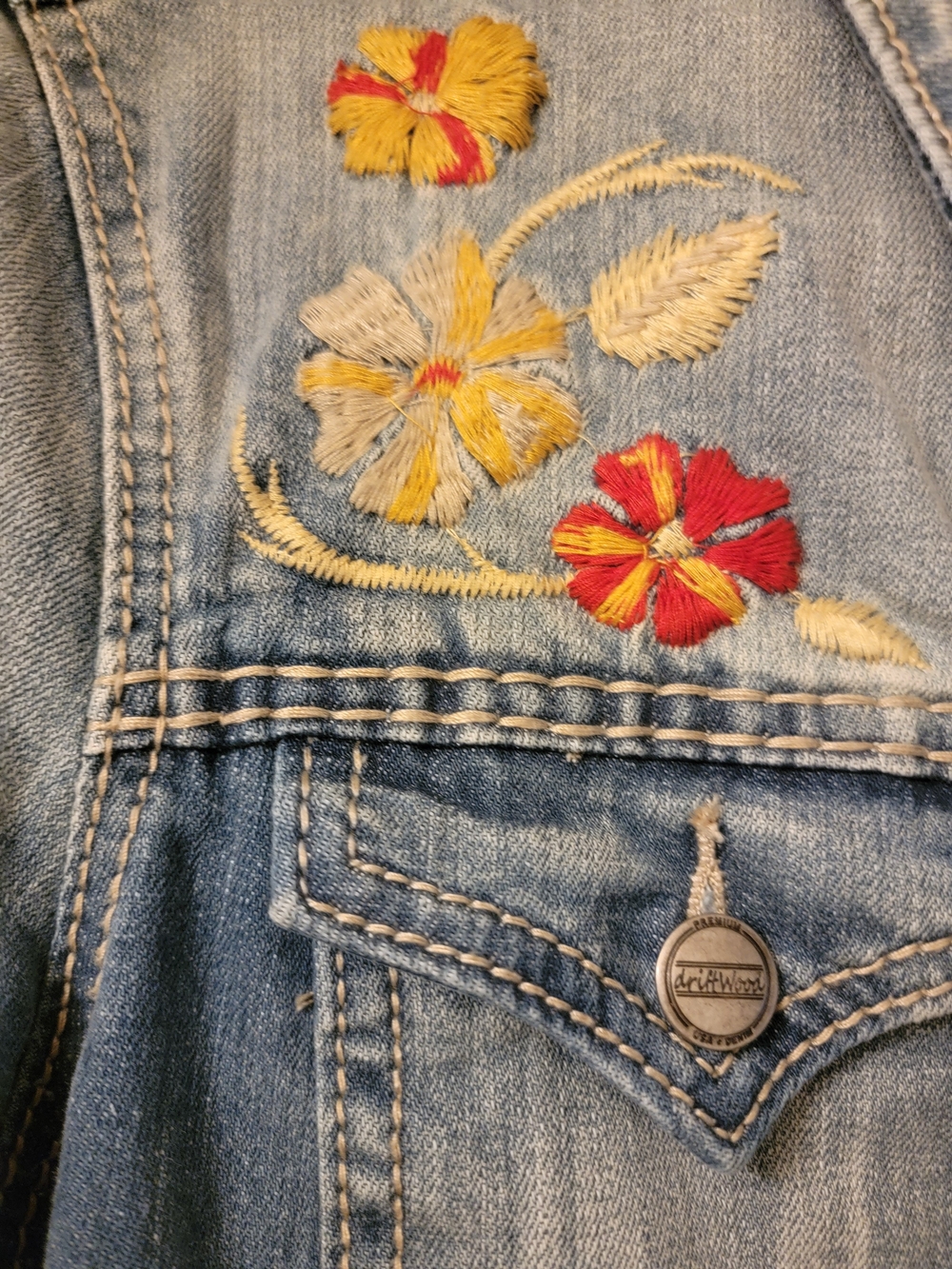 DRIFTWOOD Embroidered Light Blue Denim Jacket with Red & Yellow Flowers - Picture 3 of 5
